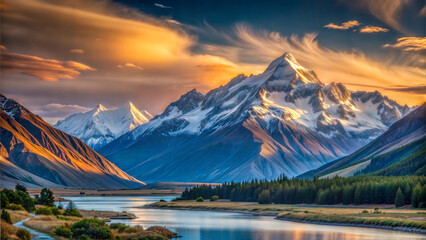 Majestic snow-capped mountains rise above a serene lake, their peaks bathed in golden sunlight. The landscape showcases nature's grandeur, with rugged terrain, calm waters, and a dramatic sky at sunse