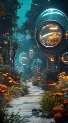 Obraz premium Dive deep into a futuristic underwater city, illuminated by bioluminescent flora, holographic images projecting on bubble-shaped screens, serene atmosphere