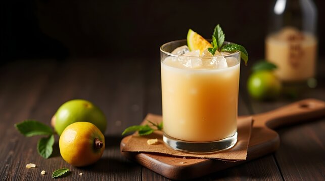Glass of Amarula cream liqueur with ice garnished with fresh fruit and mint leaves on a wooden board