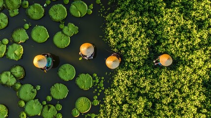 View from above of rural women collecting water lilies in Moc Hoa district, Long An province, Mekong Delta. Here, water lilies are a typical cuisine. Concept of travel and landscape