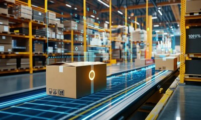 A digitalized warehouse scene with packages on a conveyor belt and virtual data overlays. - Powered by Adobe