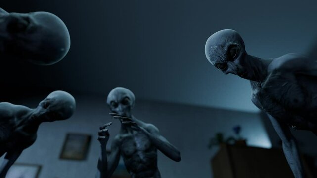 POV shot of someone surrounded by a group of grey Aliens in bedroom | Home Invasion by Aliens 02