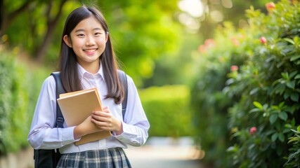 Fototapeta premium Smiling High School Girl Holding Book - Friendly Portrait with Copy Space