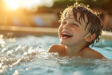Happy boy laughing while swimming in a pool during sunset