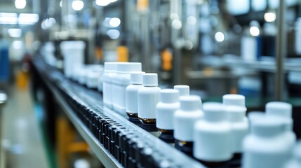 Obraz premium White bottles on production line in a factory setting