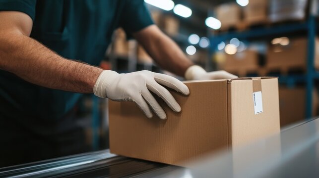 Worker packing a cardboard box wearing white gloves