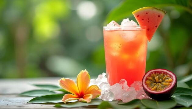Chilled POG juice served with passionfruit and guava garnish in a tropical setting
