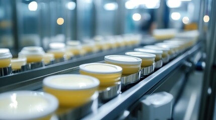 Obraz premium Containers with yellow cream on a production conveyor belt.