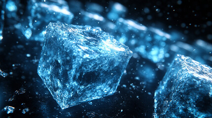 Obraz premium Close-up of shimmering ice cubes with droplets, showcasing their crystal-clear form and cool elegance against a dark backdrop.