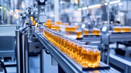Yellow liquid in jars on an industrial conveyor belt