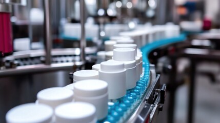 Obraz premium White jars moving on a blue conveyor in production line