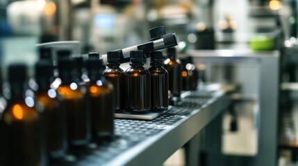 Factory line with amber bottles being filled with liquid.