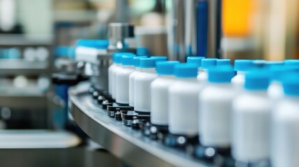 Conveyor line with white bottles and blue lids in factory.