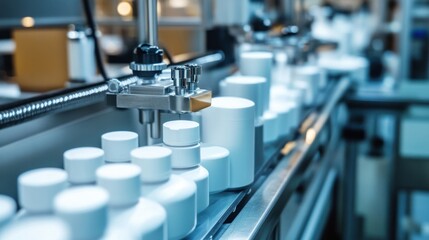 Factory line of white containers being filled with liquids.