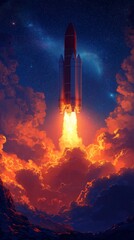 Obraz premium Illustration of a Rocket Launching into Space, Illuminating Blue Clouds with Bright Fiery Orange Light, Perfect for Mobile Phone Wallpapers