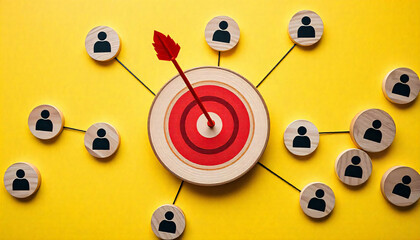 Customer relationship management concept. wooden block with target icon linked with human icons for customer focus group, ai generated