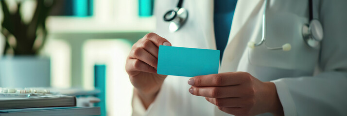 Doctor in white coat with stethoscope holding blue card