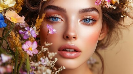 Naklejka premium Floral-inspired makeup featuring soft petals and delicate color blends.
