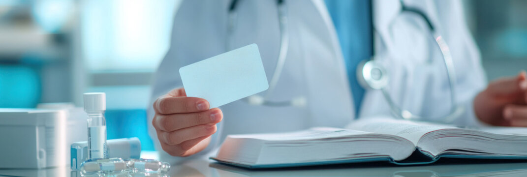 Doctor showcasing card in clinical office setup