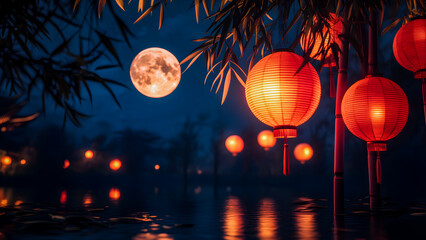 Serene night sky with glowing lanterns, perfect for Mid Autumn Festival celebrations