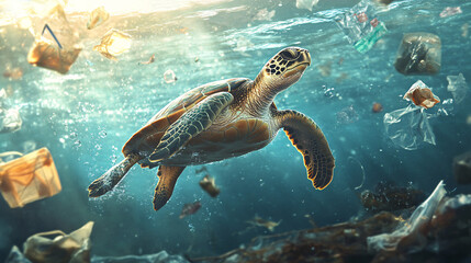 Obraz premium Sea Turtle Swimming in Plastic Pollution