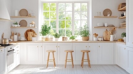A rustic yet elegant kitchen corner featuring white cabinetry and gold accents. Natural light flows