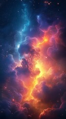 Illustration of Huge Blue Clouds Bathed in Sunlight with Pink, Yellow, and Gold Tones, Featuring Stars and Distant Planets in Space, Mobile Phone Wallpapers