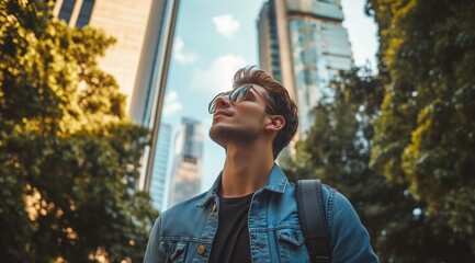 Fototapeta premium Young Graduate with Vision Looking Toward the Future in Urban Setting, Concept of Career Start, Opportunity and Personal Growth