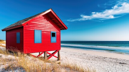 A coastal lifeguard station with bright red James Hardie siding, standing bold and visible against the sandy beach and blue waters, emphasizing safety and resistance to marine elements