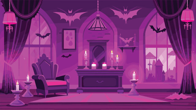 Purple gothic room with bats and candlelight  spooky halloween vibes