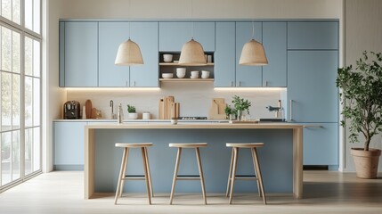 A Scandinavian inspired kitchen with soft light blue cabinetry, pendant lights