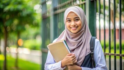 Smiling Cute Islamic School Girl Holding Book with Copy Space