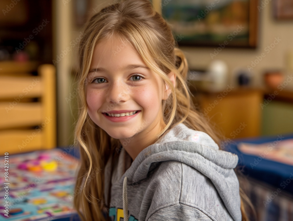 Sticker A young girl with blonde hair and a gray hoodie is smiling at the camera. She is sitting at a table with a game on it