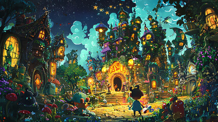Fototapeta premium A whimsical cartoon adventure scene featuring vibrant village filled with colorful houses, glowing lights, and enchanting flora. night sky sparkles with stars, creating magical atmosphere. 