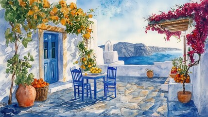 Fototapeta premium Watercolor of Lemon tree in Traditional greek Santorini house with bougainvillea flowers,Greece islands blue white traditional cafe restaurant architecture,Santorini blue door window,Mediterranean.