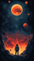 Fototapeta premium Illustration of a Silhouette of an Astronaut Landing on the Moon, Gazing at Other Planets with a Blue and Red Color Palette, Mobile Phone Wallpapers