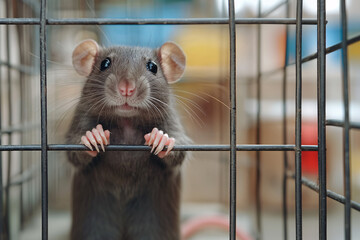 Obraz premium A gray rat stands in a cage with its head up and looking at the camera. pest concept