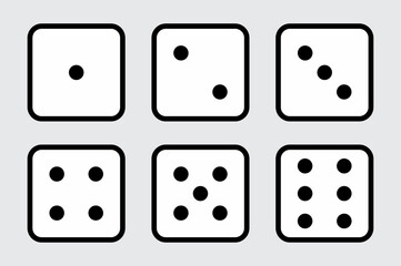 Set of game dice icon in outline design. game sign. Dice game vector icon set in black color isolated on white background. Vector illustration.