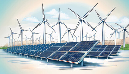 Hand drawn sketch of solar panels and wind turbines representing alternative energy sources in a vector illustration design