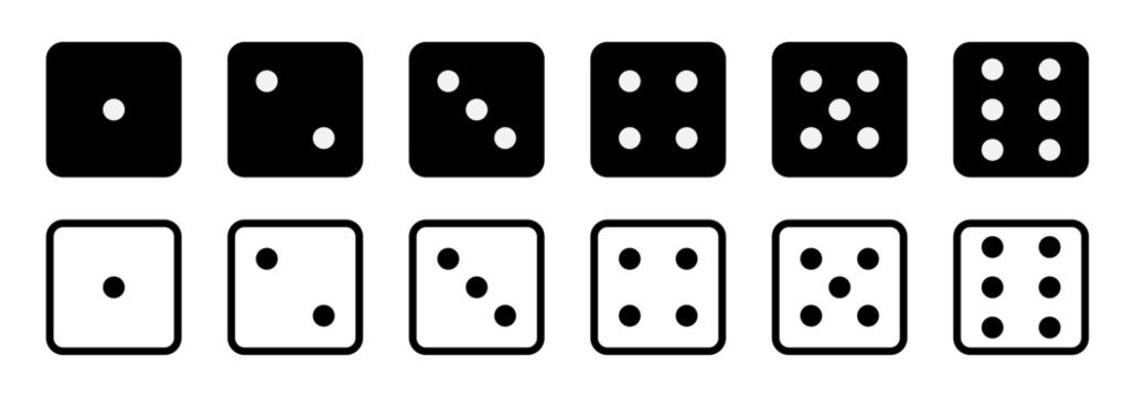 Set of game dice vector icon. game sign. Dice game vector icon set in black and white color isolated on white background. Dice in a flat and linear design from one to six. Vector illustration.