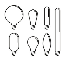 Set of linear icons of different light bulb shapes, including round, tubular, and elongated forms.
