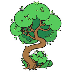 Deciduous tree with a crooked trunk and a bush below color variation isolated on white background