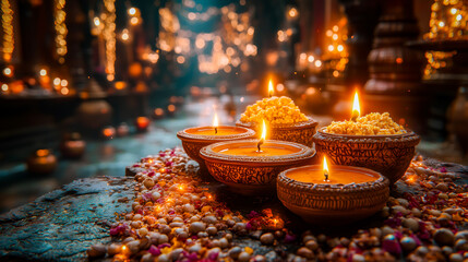 Obraz premium Diwali oil lamps glowing in dark, festive ambiance, with copy space