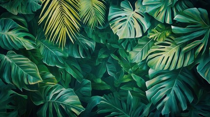 Lush Tropical Foliage with Vibrant Green Leaves and Fronds in a Verdant Natural Background