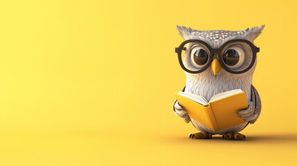 Representación en 3D de un simpático búho con gafas leyendo un libro sobre un fondo amarillo. El diseño es simple y minimalista, centrándose en el simpático personaje con amplio espacio para texto.