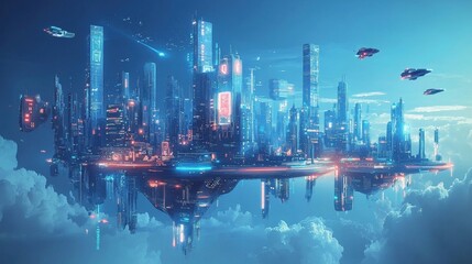 Fototapeta premium Futuristic Floating Metropolis with Glowing Skyscrapers and Hovering Aircraft