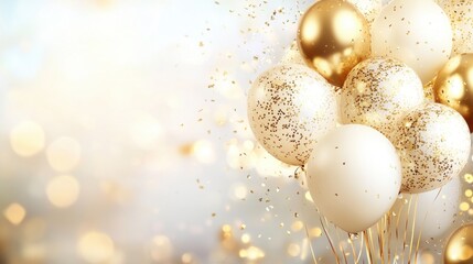 Festive background with gold balloons and scattered golden confetti. Premium background for a festive birthday celebration
