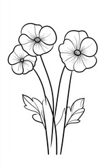 A simple black-and-white illustration of three large flowers with rounded petals