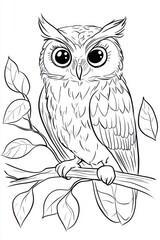 A simple black-outlined owl perched on a branch surrounded by a few leaves