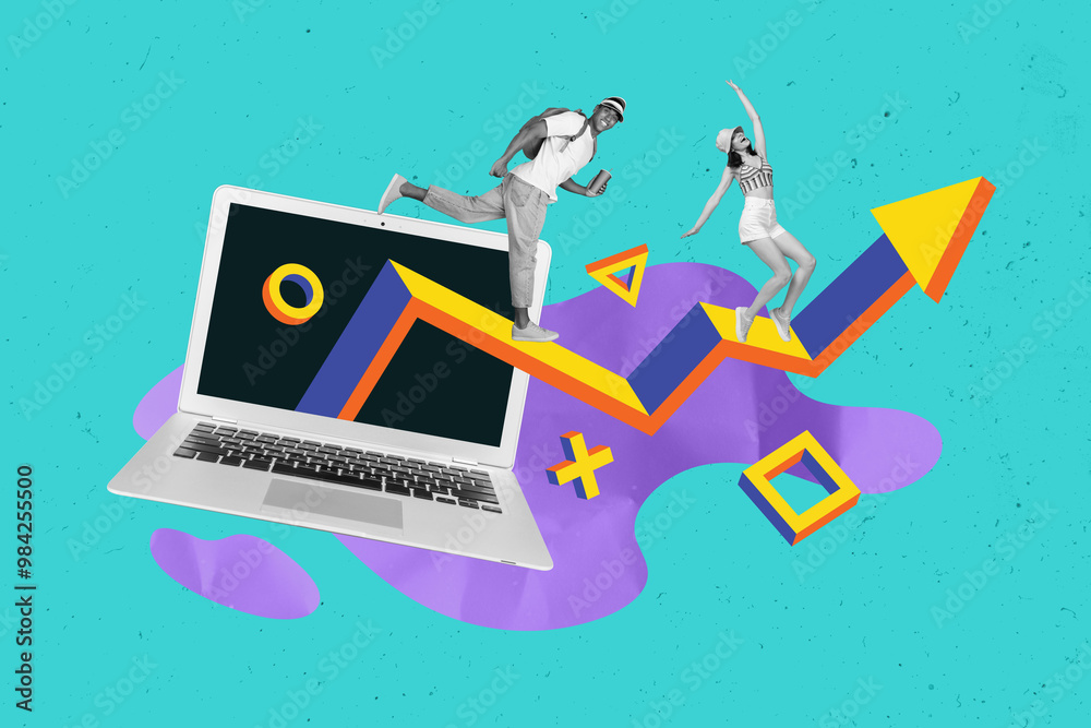 Poster composite collage picture image of two young funny people netbook arrow point up virtual bizarre unu